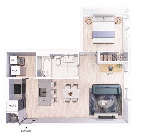 A floor plan of a small apartment with a kitchen, living room, and bathroom.